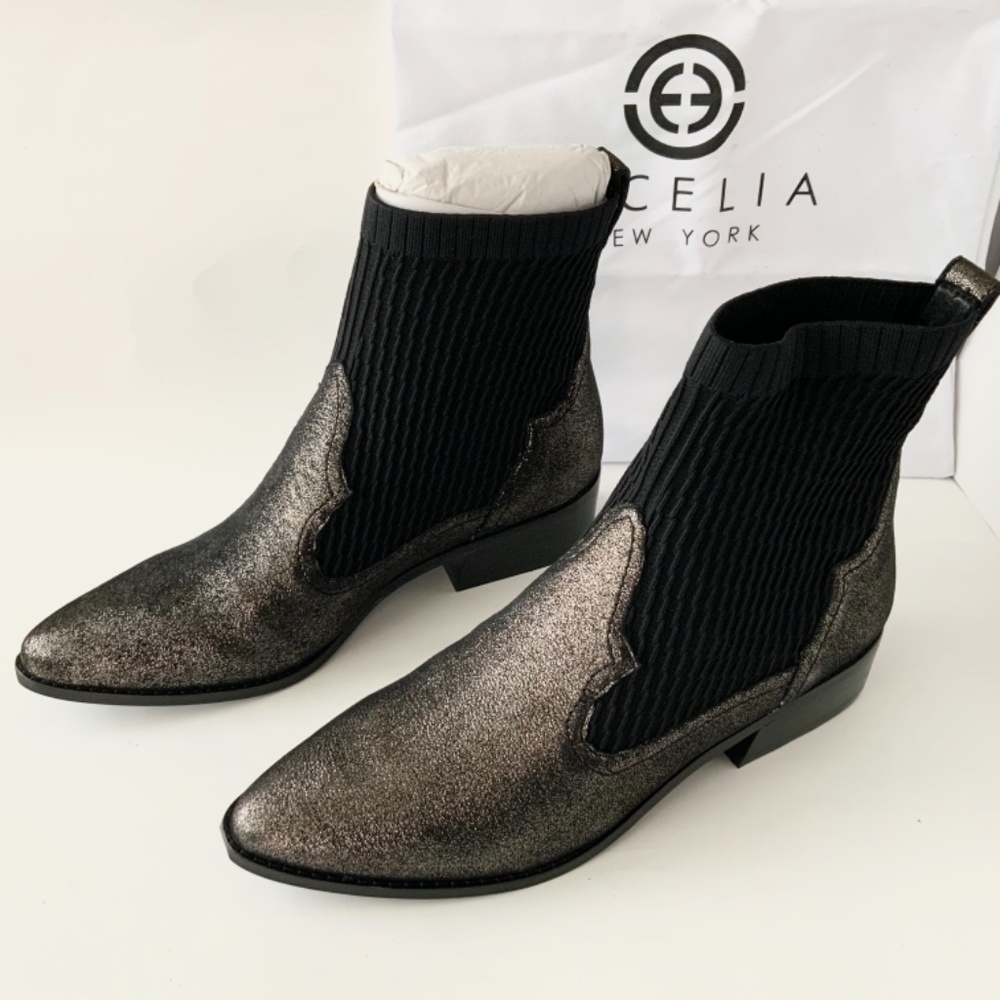 Cecelia New York Tomas Ankle Boot Blacks Pewter Leather Fashion Heel Booties 9.5 - Picture 8 of 10